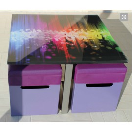 TABLE BASSE INOX ET 4 POUFS EN ALUMINIUM PEINT